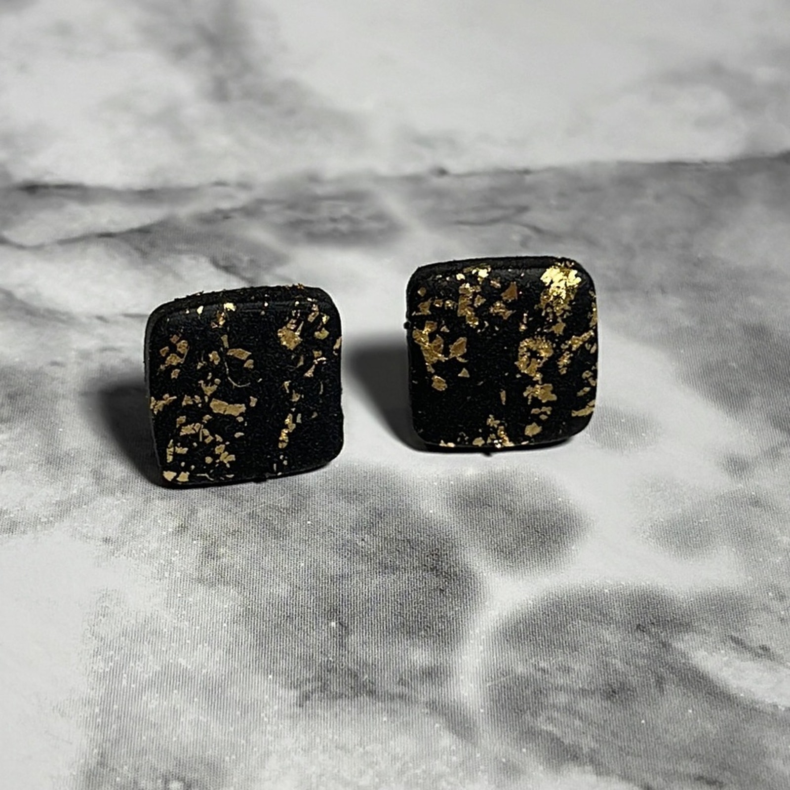 Handcrafted Square Black With Gold Flakes Hypoallergenic Post Stud Earrings Nwot